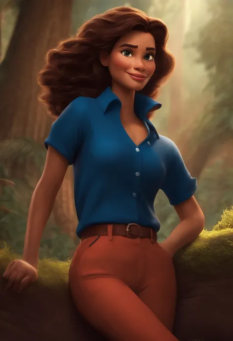 Personagem feminino de corpo inteiro estilo disney pixar cabelo vermelho ruivo e liso vestida com camiseta polo azul escuro