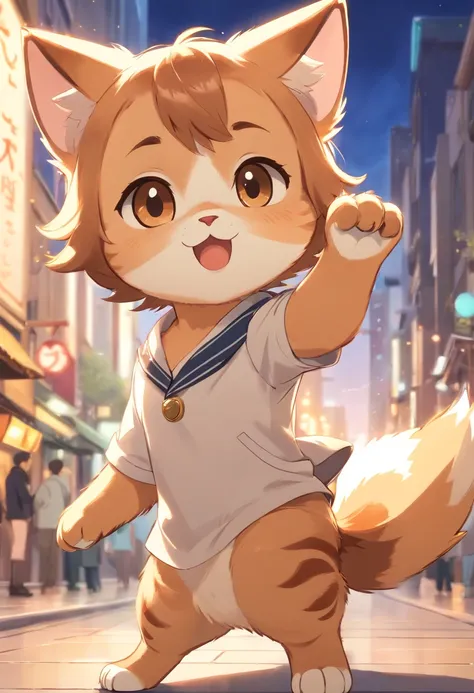 A 2D chibi character of a light brown European cat with white chest waving