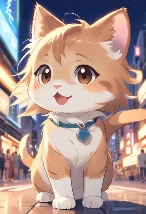 A 2D chibi character of a light brown European cat with white chest waving