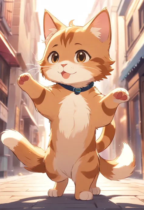 A 2D chibi character of a light brown European cat with white chest waving