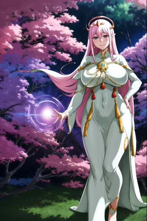 Zero Two, dress, sun halo, holy, smile, medium breast, priestess, full body, walking, divine aura, sun halo, solar halo, long skirt, porcelain skin, ethereal, graceful movement, flowing golden hair, radiant beauty, enchanting gaze, serene expression, soft ...