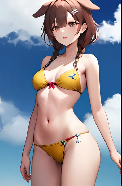 masterpiece, best quality, highres, ik4, animal ears, swimsuit, yellow bikini, hairclip, standing, cowboy shot,