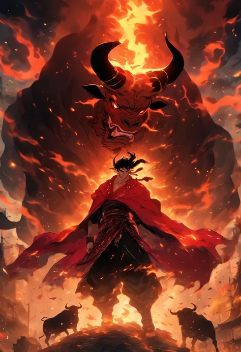 A toreador next to a rearing bull in a dark, epic and fiery atmosphere. This illustration will be in a manga style, with the character in the foreground and the bull behind him.