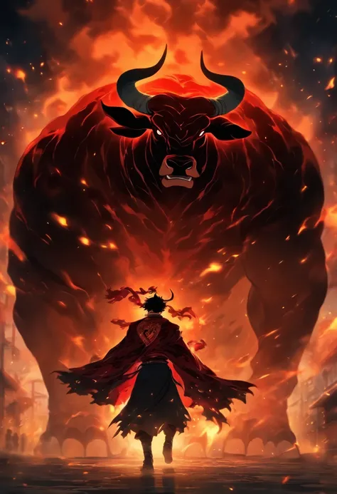 A toreador next to a rearing bull in a dark, epic and fiery atmosphere. This illustration will be in a manga style, with the character in the foreground and the bull behind him.