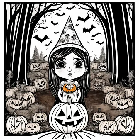 (halloween woman in the forest with pumpkin lamp on hand), colr_001, intricate, cute, simple, white background, black and white,...