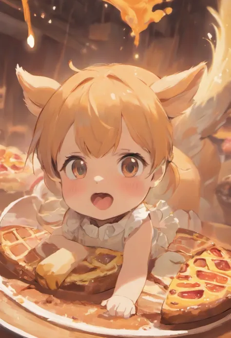 A baby deer, , absolutely adorable, eating a cinnamon roll. Drawn like Disney