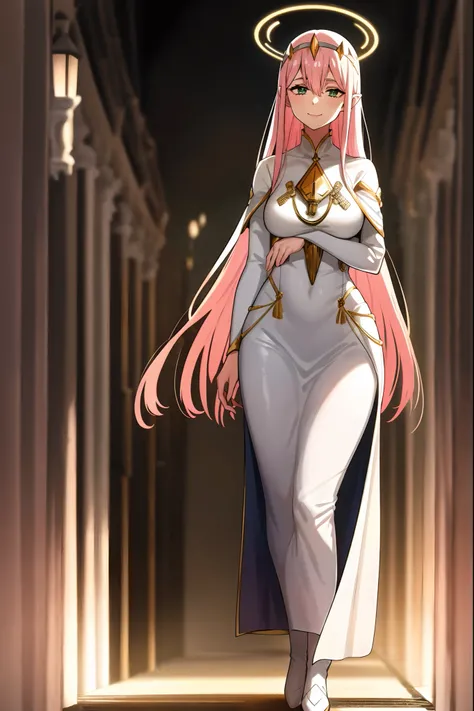 Zero Two, dress, sun halo, holy, smile, medium breast, priestess, full body, walking, divine aura, sun halo, solar halo, long skirt, porcelain skin, ethereal, graceful movement, flowing golden hair, radiant beauty, enchanting gaze, serene expression, soft ...