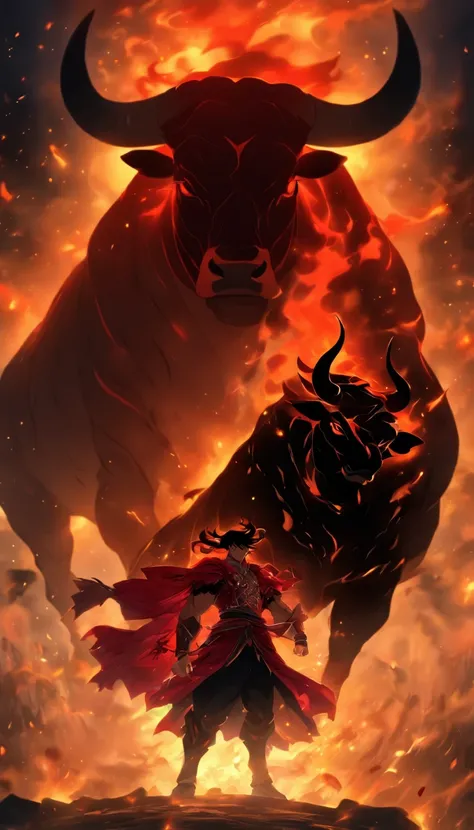 A toreador next to a rearing bull in a dark, epic and fiery atmosphere. This illustration will be in a manga style, with the character in the foreground and the bull behind him.