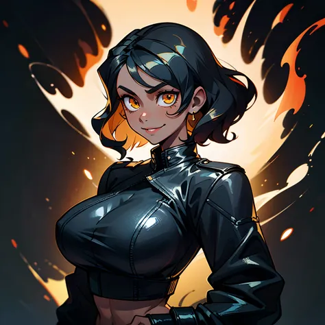 ((solo character)), 1 young adult woman, cocky smile, shiny golden eyes, big breasts, strong body, ((black woman)), ((black skin)), black leather jacket, cropped shirt, black wavy hair, fire background