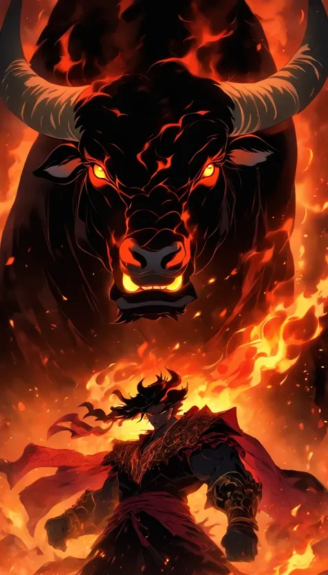 A toreador next to a fiery black bull rearing up in a dark, epic and fiery atmosphere. This illustration will be in a manga style.