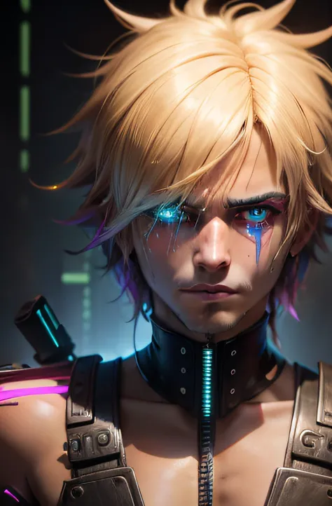 Sexy Cyberpunk Blonde Boy Mechanical Colorful Shaggy Hair Face Detail Crying All Over Body, ambiance egypte