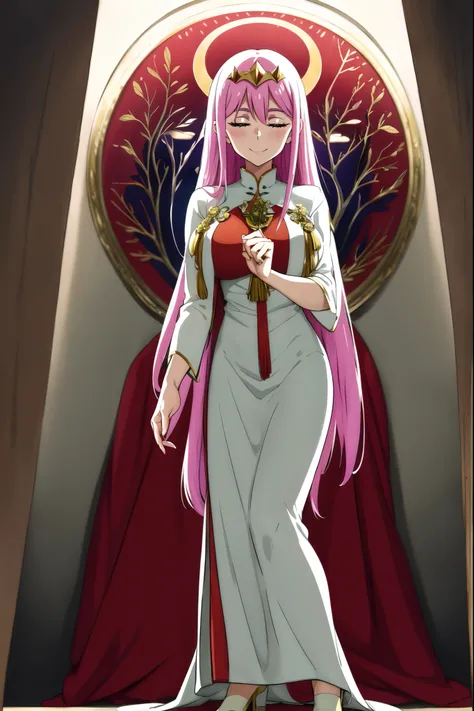 Zero Two, dress, sun halo, holy, smile, medium breast, priestess, full body, walking, divine aura, sun halo, solar halo, long skirt, porcelain skin, ethereal, graceful movement, flowing golden hair, radiant beauty, enchanting gaze, serene expression, soft ...