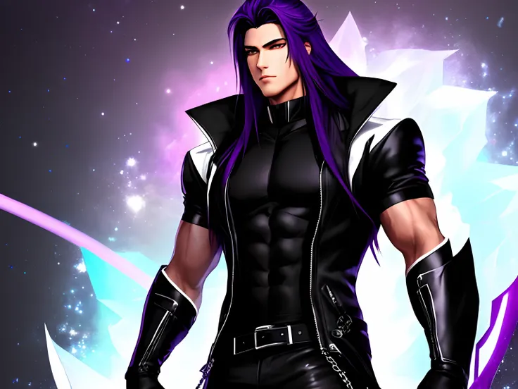 male, 216cm. Muscular V-shaped body. Beautiful dark purple eyes. Long, Black, Like Starles, Cosmic Hair. He wears a white shirt and a black leather jacket over it