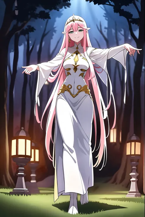 Zero Two, dress, sun halo, holy, smile, medium breast, priestess, full body, walking, divine aura, sun halo, solar halo, long skirt, porcelain skin, ethereal, graceful movement, flowing golden hair, radiant beauty, enchanting gaze, serene expression, soft ...