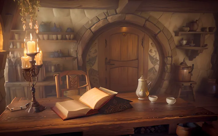 there is a book and a cup of coffee on a table, interior of a hobbit hole, storybook wide shot :: hd, in his hobbit home, detailed cinematic render, realistic fantasy render, brewing potion in witch hut, fantasy bakery interior setting, beautiful render of...