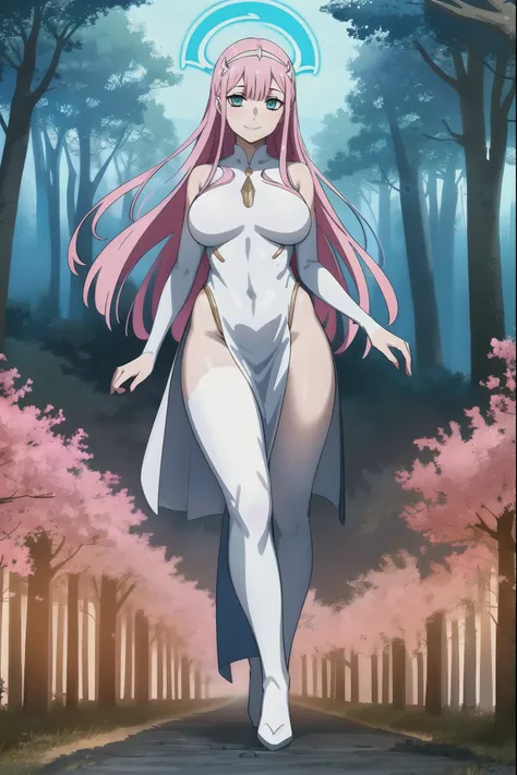 Zero Two, dress, sun halo, holy, smile, medium breast, priestess, full body, walking, divine aura, sun halo, solar halo, long skirt, porcelain skin, ethereal, graceful movement, flowing golden hair, radiant beauty, enchanting gaze, serene expression, soft ...