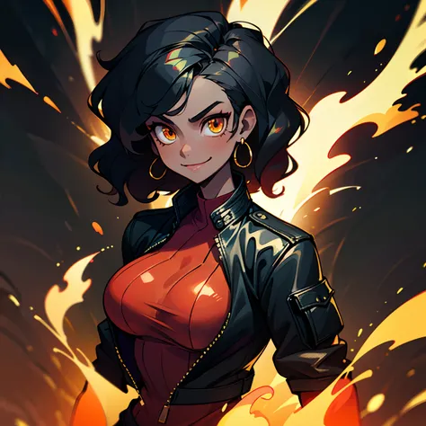 ((solo character)), 1 young adult woman, cocky smile, shiny golden eyes, big breasts, strong body, ((black woman)), ((black skin)), open black leather jacket, black wavy hair, fire background