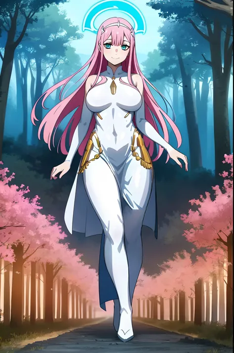 Zero Two, dress, sun halo, holy, smile, medium breast, priestess, full body, walking, divine aura, sun halo, solar halo, long skirt, porcelain skin, ethereal, graceful movement, flowing golden hair, radiant beauty, enchanting gaze, serene expression, soft ...