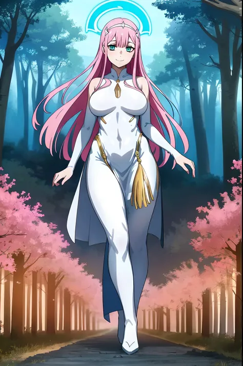 Zero Two, dress, sun halo, holy, smile, medium breast, priestess, full body, walking, divine aura, sun halo, solar halo, long skirt, porcelain skin, ethereal, graceful movement, flowing golden hair, radiant beauty, enchanting gaze, serene expression, soft ...