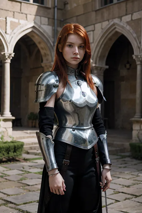 red-haired woman,young 14 years old russian,as a knight in the courtyard of the castle, in his right hand is a sword, steel shou...