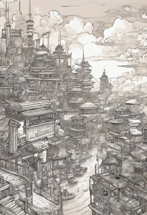 Chinese ink style, Steampunk world, music studio in spaceship, Suspended in the air of the city, thick clouds, Animation art in ink, Comic ink art, Water ink, ink, stain, 8k, Delicately portrayed, Works by maestros ,