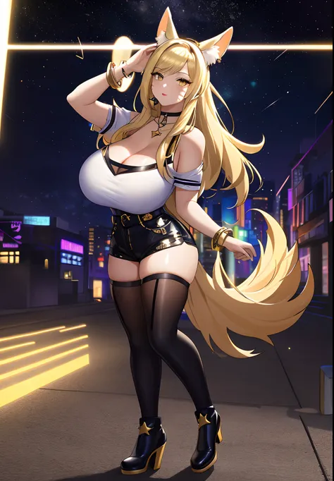 ((masterpiece)), (best quality:1.7), (detailed:1.4), (high res:1.4), 8k, (colorful:1.5), 2d, high resolution, sharped image, 4k, hd, kda_ahri_league, 1girl, (((solo))), (((blonde hair))), yellow eyes, long hair, upper body, cleavage, ((curvy body)), medium...