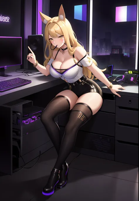 ((masterpiece)), (best quality:1.7), (detailed:1.4), (high res:1.4), 8k, (colorful:1.5), 2d, high resolution, sharped image, 4k, hd, kda_ahri_league, 1girl, (((solo))), (((blonde hair))), yellow eyes, long hair, full body, cleavage, ((curvy body)), kinky h...