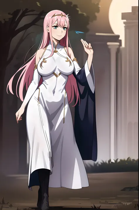 Zero Two, dress, sun halo, holy, smile, medium breast, priestess, full body, walking, divine aura, sun halo, solar halo, long skirt, porcelain skin, ethereal, graceful movement, flowing golden hair, radiant beauty, enchanting gaze, serene expression, soft ...