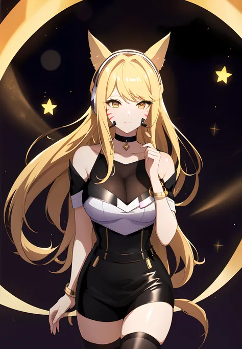 ((masterpiece)), (best quality:1.7), (detailed:1.4), (high res:1.4), 8k, (colorful:1.5), 2d, high resolution, sharped image, 4k, hd, kda_ahri_league, 1girl, (((solo))), (((blonde hair))), yellow eyes, long hair, upper body, cleavage, ((curvy body)), medium...