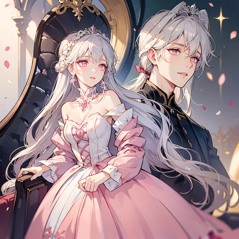 1 woman with silky wavy white hair and sparkling pink eyes, royalty, elegant, high quality, highly detailed, detailed face, masterpiece, standing, delicate, shy,