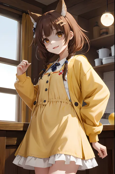 masterpiece, best quality, highres, ik4, animal ears, yellow cardigan, cute apron, hairclip, standing, cowboy shot, ((small orb above head)), ((perfect eyes))