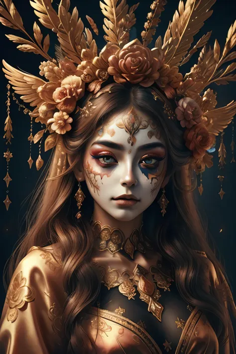 A beautiful angel, frontal portrait, sacred, solemn, halo, facing the audience,  looking at viewer, makeup mask, face_print, colorful, many color, masterpiece,best quality,extremely detailed,fine details,official art,unity 8k wallpaper,4K,8K,UHD, (upper bo...