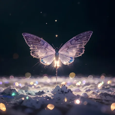 crystal fantasy、mont々、Aerial view、Countless crystal wings flutter in the air、 Fantasia、intergalactic、cleanness、Shallow depth of field、Jade bokeh、glinting、SHINES、A stunning、colourfull、 magical photography、dramatic  lighting、photorealisim、ultra -detail、4K、de...