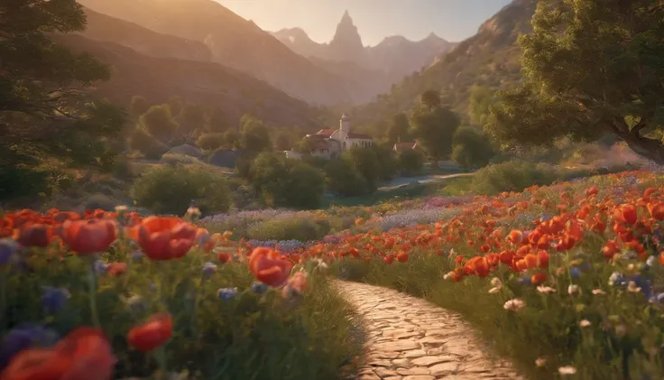 Crie uma impressionante cena 3D renderizada em 8K, Ratio 16:9, with the art style of the book The Little Prince by Antoine de Saint-Exupéry. A imagem mostra uma bela princesa de vestido regando flores coloridas em um planeta. Ao seu redor florescem flores ...