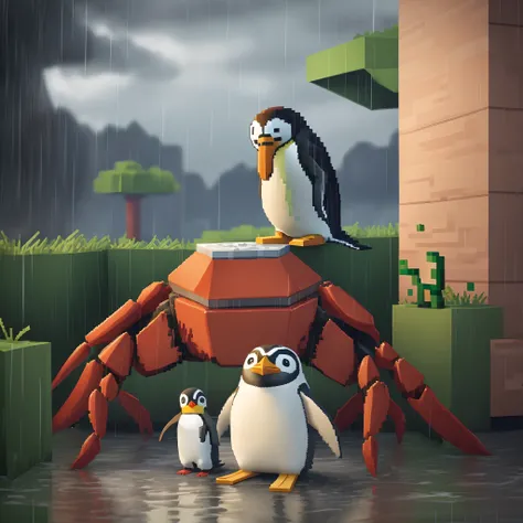 minecraft crab and penguin crying while its raining in minecraft