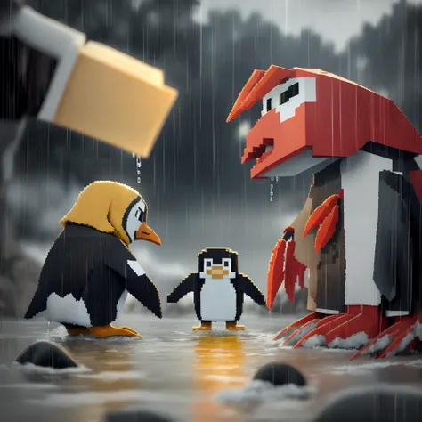 minecraft crab and penguin crying while its raining in minecraft