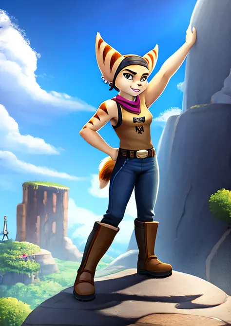 Ratchet & Clank, lombax, female, red fur, white stripes, notched left ear, wearing a sleeveless blouse black pants and boots, wearing a long bandana covering his eyes with an X drawn on it, beige bands wrapped around both arms, levitating some rocks using ...