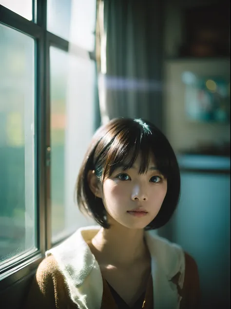 Japan women, Young Face, bob cut  hair, morning, window, Incomplete details, Shot with Leica, analogue, 35 mm:: (Artistic light leakage:1.4), Lens Flare::4 - Style Raw - AR 2:3 --s 150 --c 4