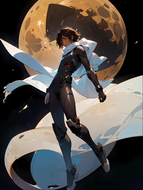 Masterpiece, highres, High quality, Dark skin teen, male, medium dark brown hair hair, eyes closed, wearing a black full body exosuit, white long multi torn scarf, white cloaks, floating on the moon, praying,