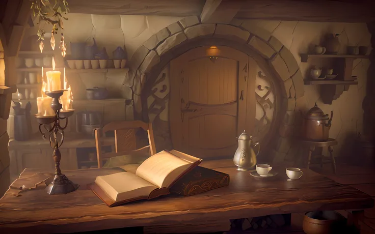 there is a book and a cup of coffee on a table, interior of a hobbit hole, storybook wide shot :: hd, in his hobbit home, detailed cinematic render, realistic fantasy render, brewing potion in witch hut, fantasy bakery interior setting, beautiful render of...