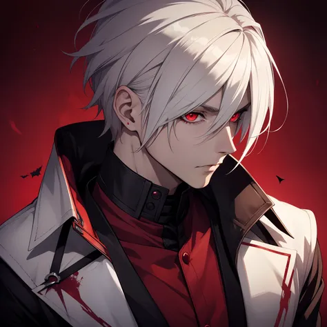 Handsome anime male, vampire , white hair , bust up, profile picture, red eyes, grunge aesthetic, Halloween, red background, pale skin, short hair