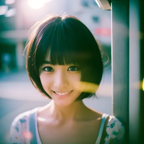 Japan women, Young Face, bob cut  hair, morning, window, barechested、a smile、Incomplete details, Shot with Leica, analogue, 35 mm:: (Artistic light leakage:1.4), Lens Flare::4 - Style Raw - AR 2:3 --s 150 --c 4