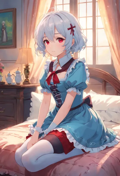 masterpiece, best quality, movie still, 1boy, waist-length (curly) (white) hair, (red) eyes (cross pupils), (flat chest), (victorian) (pastel blue) (lolita) dress, (thigh highs), (bedroom), (sitting), tea party, (gothic), (medieval)