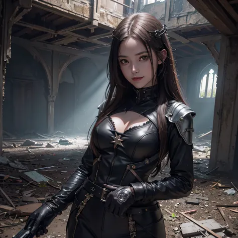 Photo, Photorealistic, Dark, Twilight, masutepiece, Super detail, High quality, awardwinning, 8K, Horror, Girl, Solo, Smile, Clothing made of metal materials, futuristic fashion, In an abandoned castle, Remains of buildings, (废墟), in Europe, Lightning, Thu...