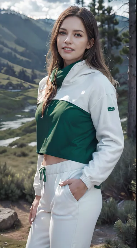 A woman with brown hair, 40 years old, ((Viking), (((upper body portrait, happy)), nature, ((medium-Range photo)), lake on the mountain, (((cloudy weather)), ((late afternoon)), ((white clothes with green lining), pine trees at the foot of the mountain, co...