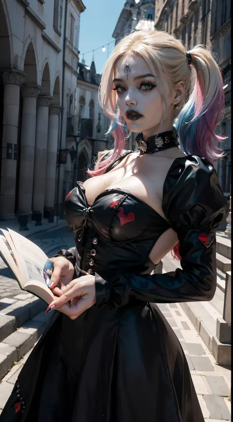 (((Arlequina))),cabelo com mechas rosa e azul ao estilo harley Quinn, (cabelo mecha cor rosa a esquerda e mecha cor azul a direita ao estilo harley Quinn), maquiagem de sombra no olho ao estilo harley Quinn, sombra vermelha no olho esquerdo, maquiagem de s...