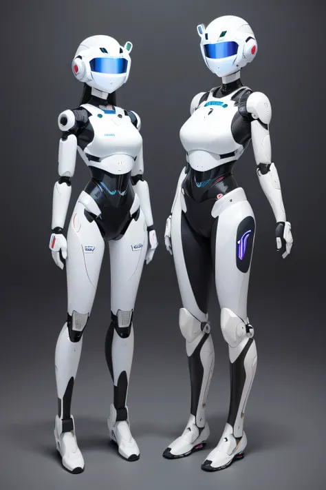 Robotized mother and daughter　The whole body is a mechanical two female robots.　The head is also covered like a full-face helmet and has no face.　Standing side by side　Full body like　Lab-like background