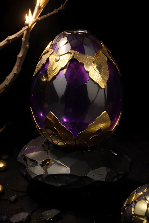 glass　krystal、Forming a dragon egg with silver and gold metal dragon scale half shell by mjart placed on black lava、Dark cave background with purple ambient light、Extremely colorful