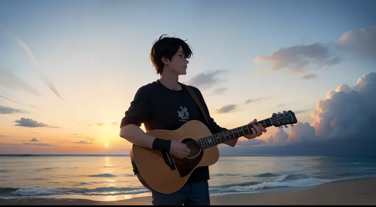 A man plays guitar on a golden beach，Accompanied by the sound of the waves and the sight of sailboats，A beautiful sunset is gradually falling。