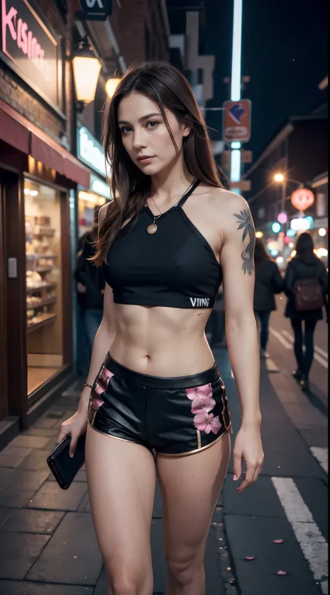 A woman with brown hair, 40 years old, ((Viking)), Beautiful woman, street at night with lights, fiddling with smartphone, hot pants, fragrant pink flowers, passers-by, gradation of night scene, fine details, subtle tones, tranquility floating on the scree...